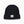 Black knit beanie with a brand label on a white background