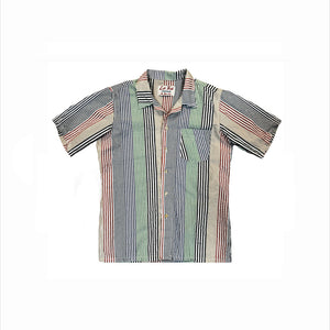 A short-sleeve button-up shirt with vertical stripes in blue, green, red, and beige, laid flat against a white background.