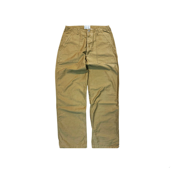 A pair of olive green utility pants laid flat against a solid white background.
