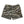 A pair of camouflage print shorts with a tiger-stripe pattern in shades of green, brown, gray, and black, featuring a drawstring waist and a leopard-print hem, shown flat on a white background.